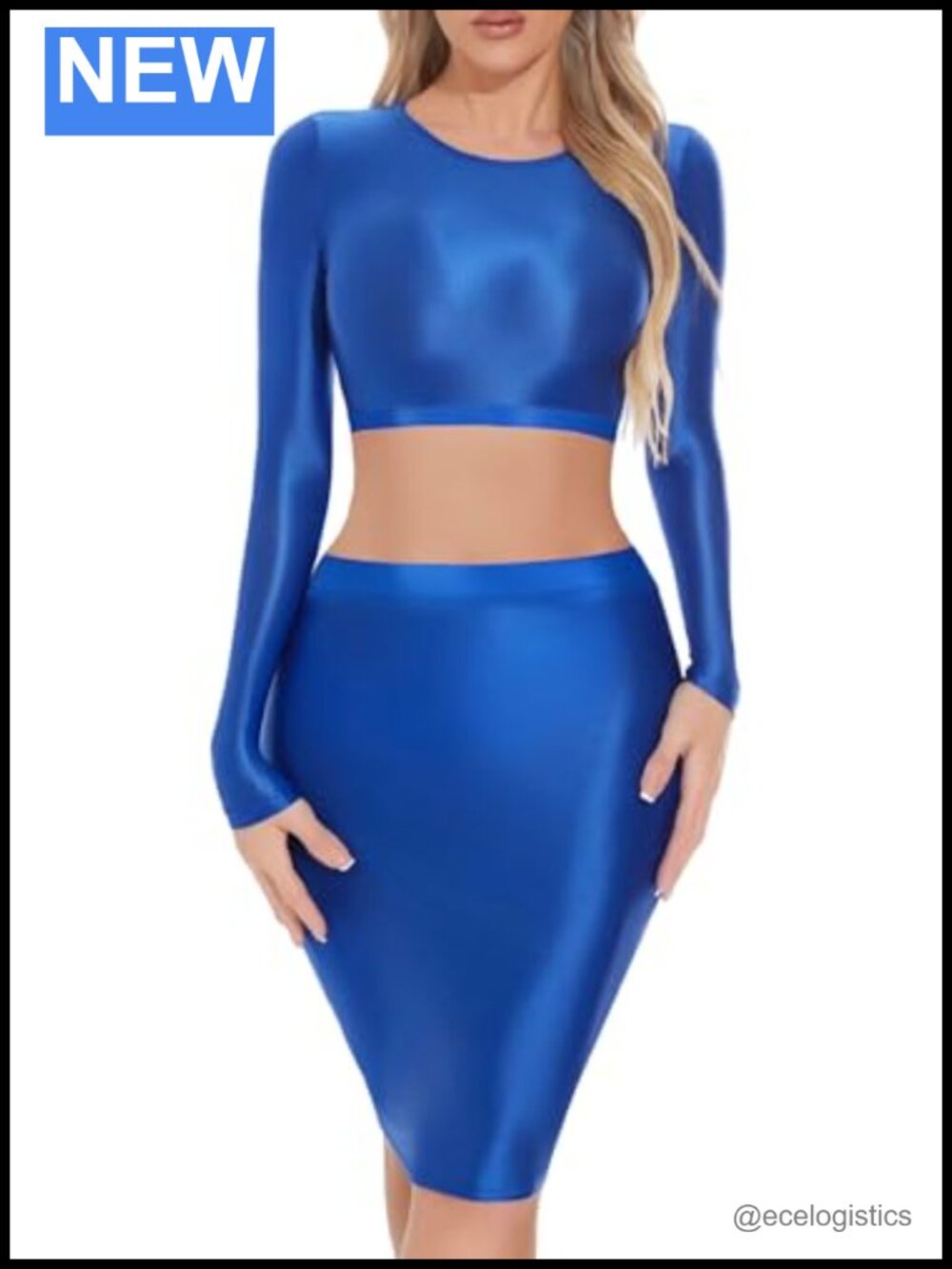 Two Piece Outfit Set Shiny Oil Glossy See Through Clubwear Long Sleeve Crop Top